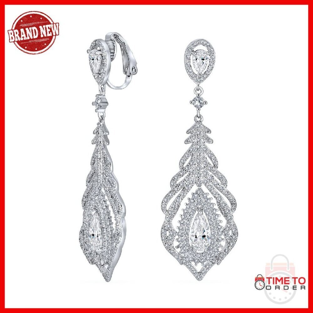 Vintage Art Deco Teardrop Halo CZ Clip-On Chandelier Earrings